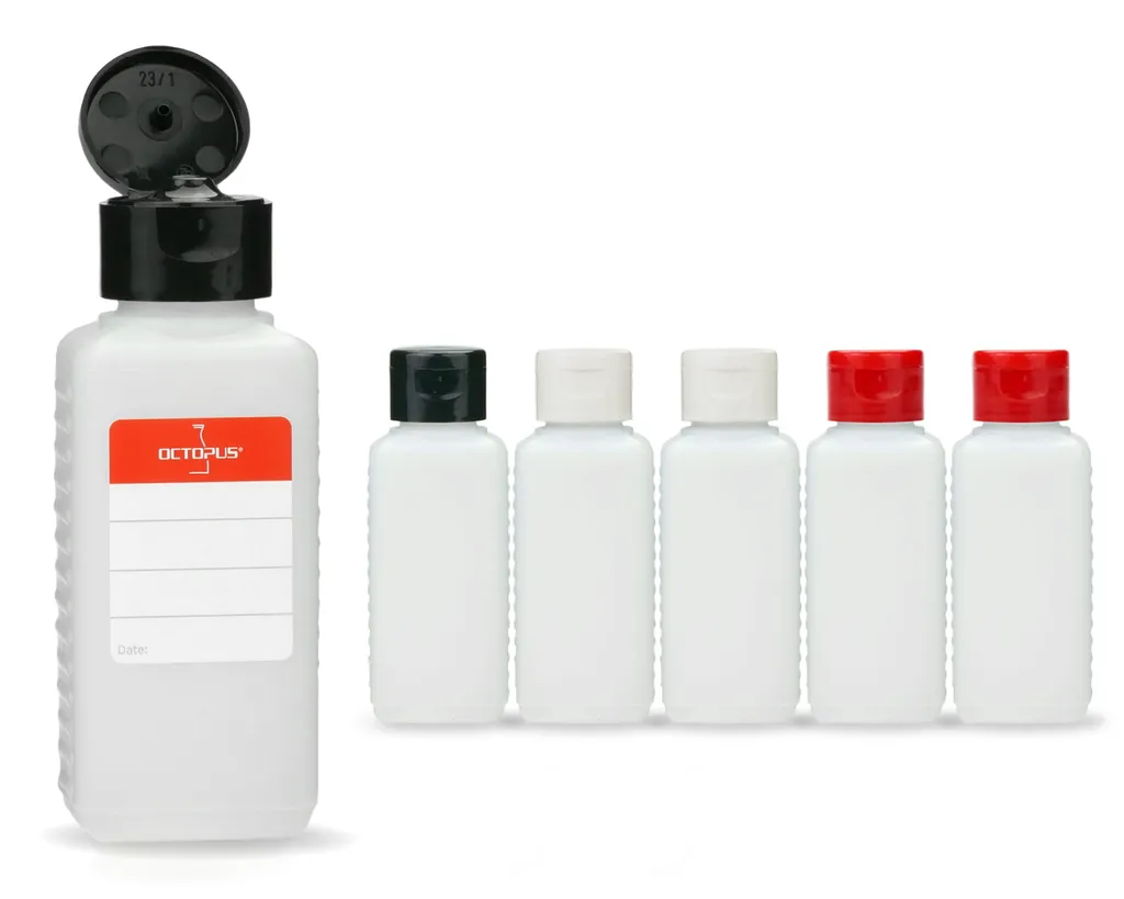 6 Plastikflaschen 100 ml eckig aus HDPE, G25, Klappscharnierverschluss, je 2x schwarz, rot, weiss